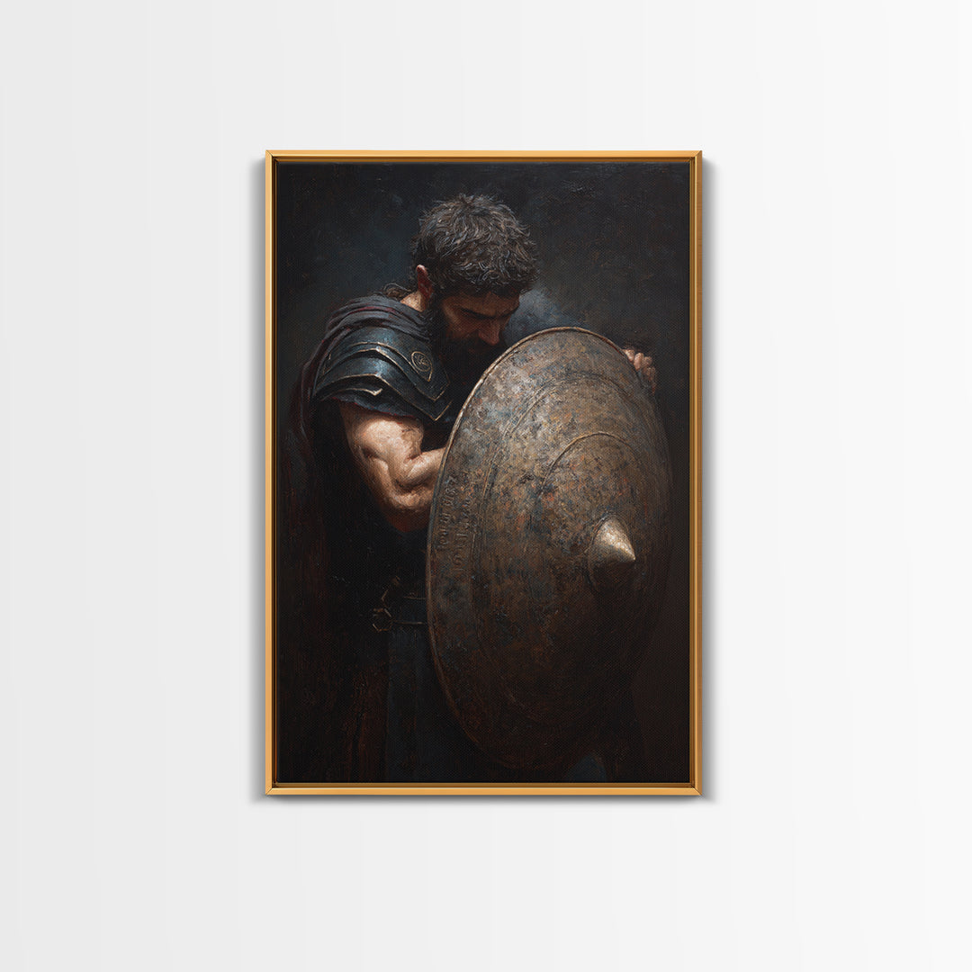 Bearded Warrior Holding Round Bronze Shield Framed Canvas Print, Spartan Wall Art, Masculine Office Decor, Fine Art Print
