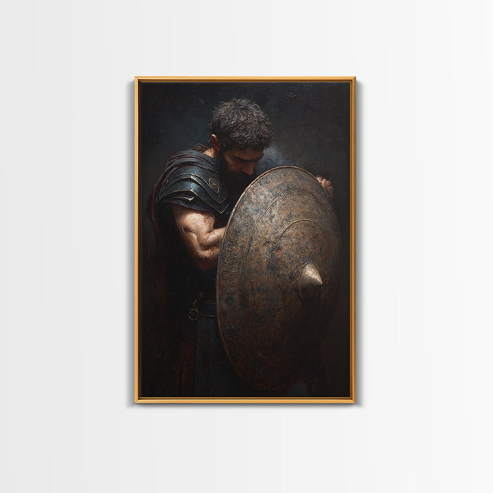 Bearded Warrior Holding Round Bronze Shield Framed Canvas Print, Spartan Wall Art, Masculine Office Decor, Fine Art Print