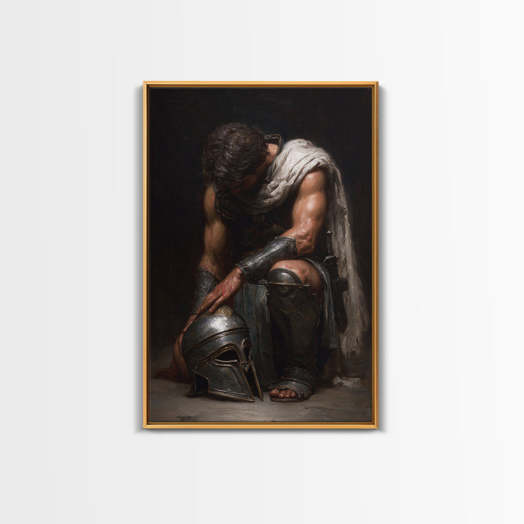 Kneeling Gladiator With Helmet Framed Canvas Print, Roman Warrior Oil Painting, Dark Academia Wall Art, Masculine Decor Gift
