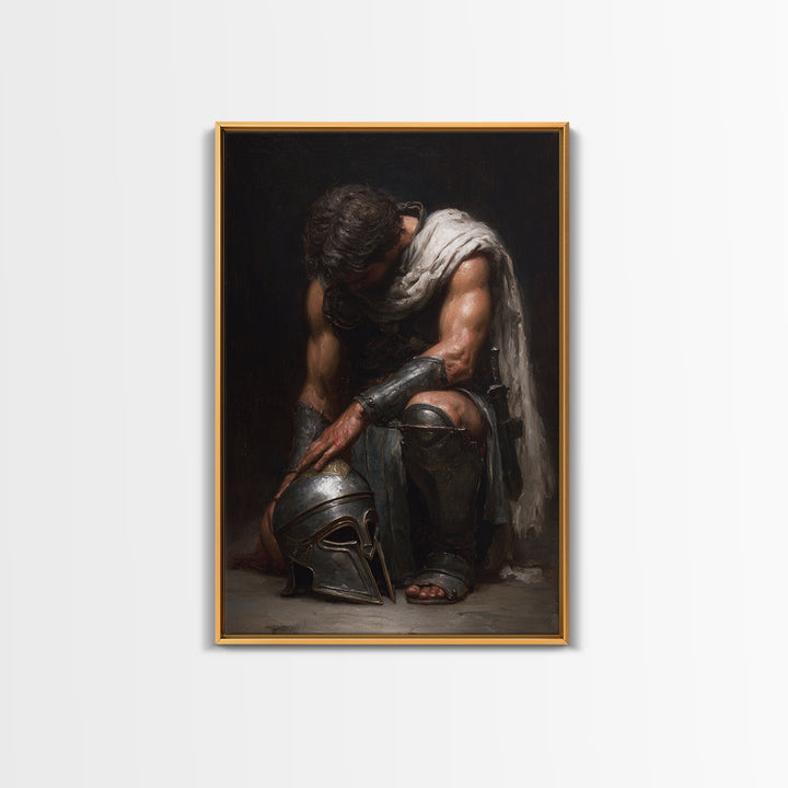 Kneeling Gladiator With Helmet Framed Canvas Print, Roman Warrior Oil Painting, Dark Academia Wall Art, Masculine Decor Gift