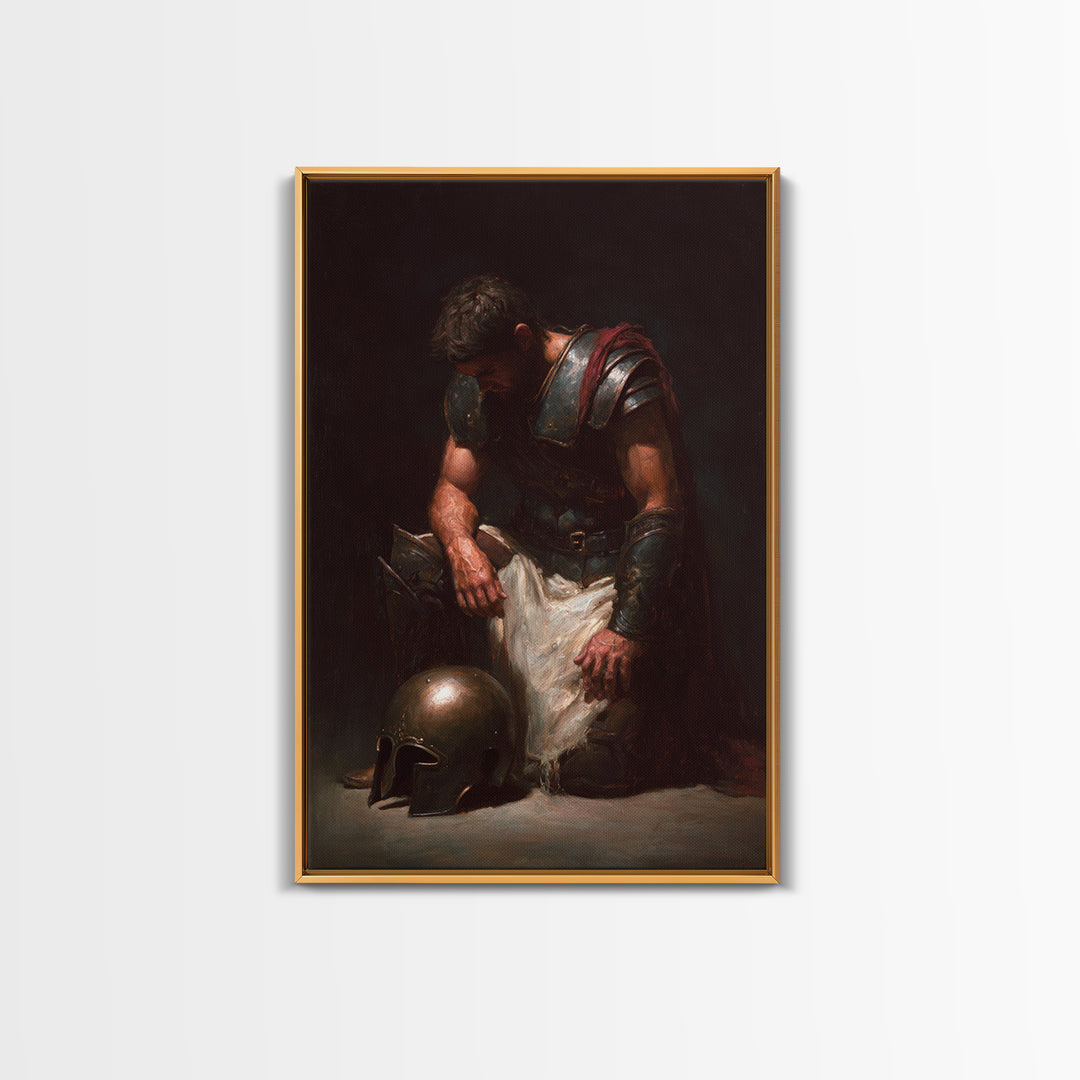 Kneeling Roman Soldier With Bronze Helmet Canvas Print, Dark Academia Wall Art, Moody Historical Warrior Art Decor, Gift For Him