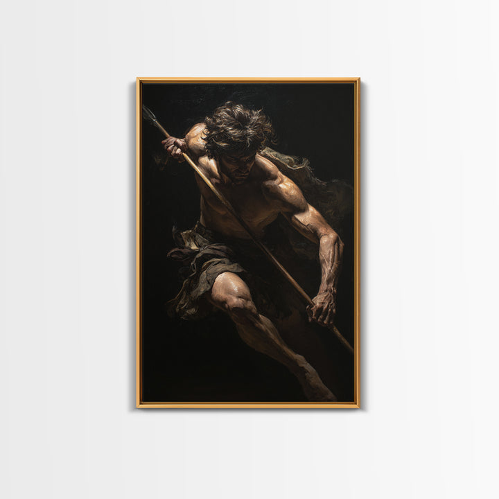 Classical Spear Warrior In Shadow Framed Canvas Print, Mythological Wall Art, Dark Academia Decor, Masculine Fine Art Print