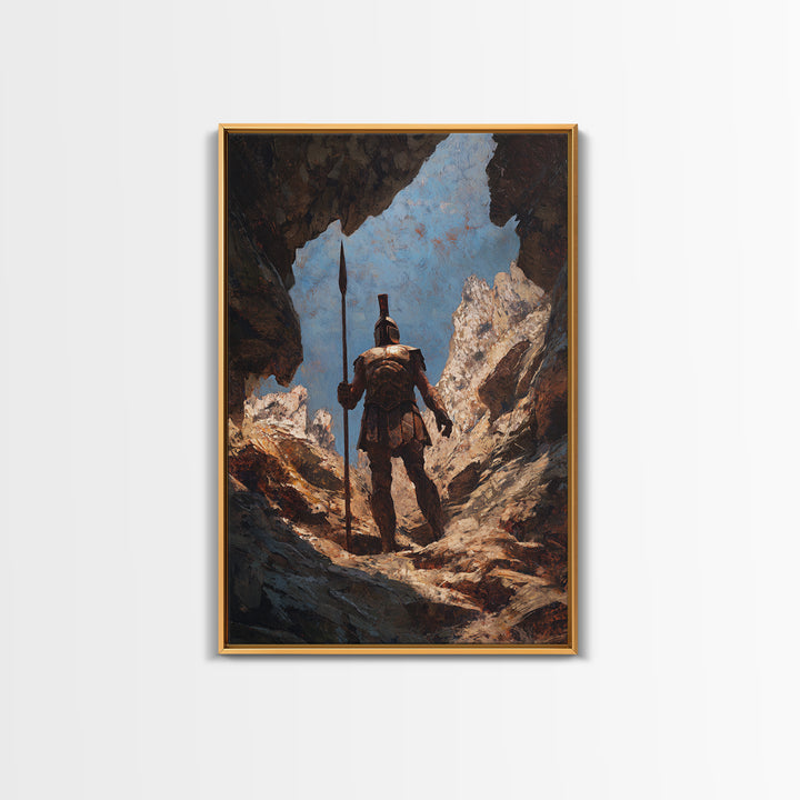 Spartan Warrior In Mountain Cave Framed Canvas Print, Ancient Greek Wall Art, Fantasy Adventure Decor, Gift For Him, Office Decor