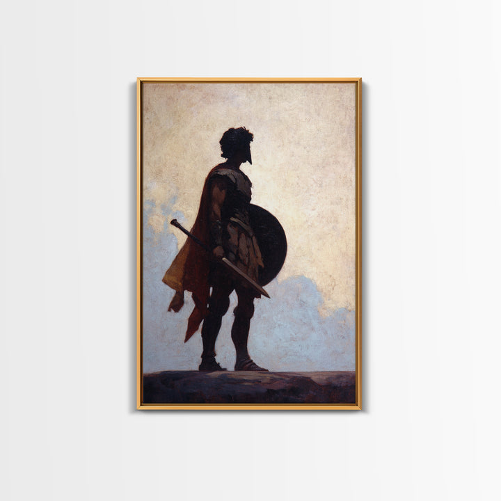 Ancient Warrior Silhouette With Shield And Sword Wall Art, Roman Soldier Canvas, Masculine Office Decor, Historical Fine Art Print