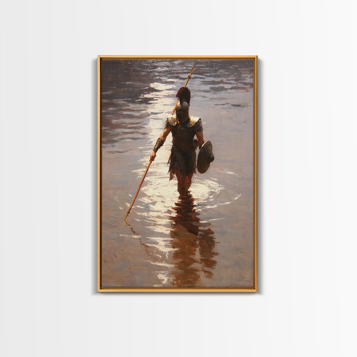Solitary Spartan Warrior In Shimmering Water Wall Art, Ancient Spear Canvas Print, Greek History Living Room And Office Decor
