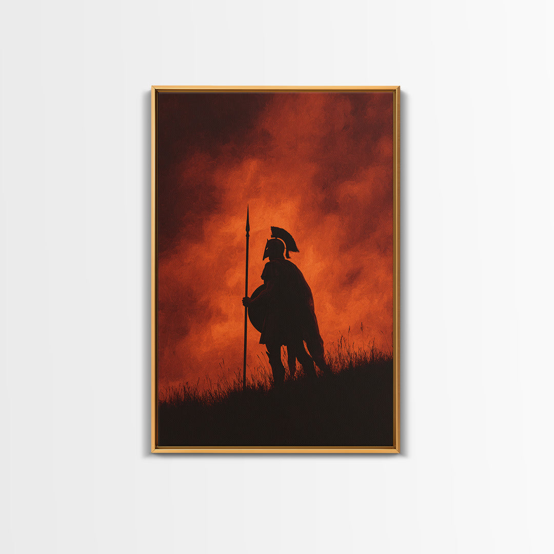 Spartan Silhouette At Red Sunset Wall Art, Ancient Warrior Canvas Print, Dramatic Battle Painting, Masculine Decor Gift For Him