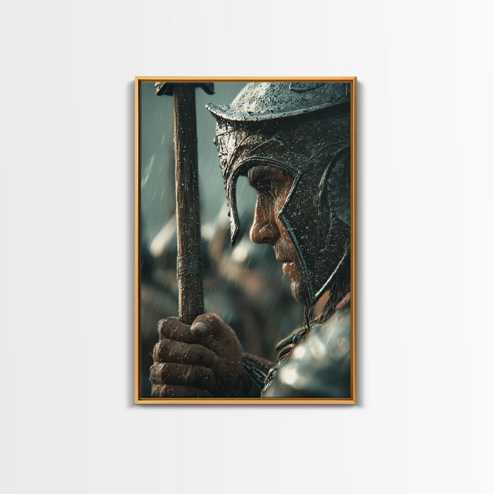 Rain Soaked Warrior Helmet Closeup Canvas Print, Spartan Soldier Wall Art, Dark Historical Decor, Masculine Gift For Him
