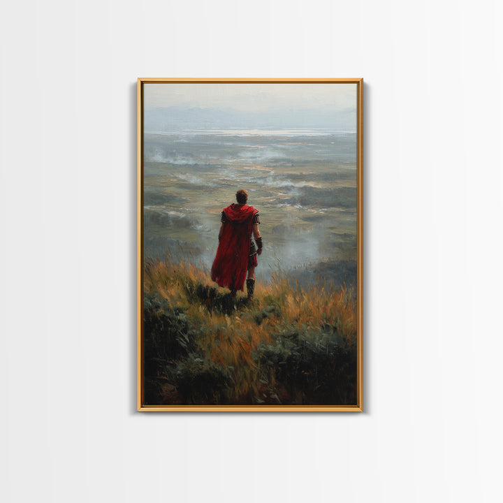 Roman Soldier In Red Cape Over Misty Valley Wall Art, Historical Landscape Painting, Moody Warrior Art Decor, Gift For Him