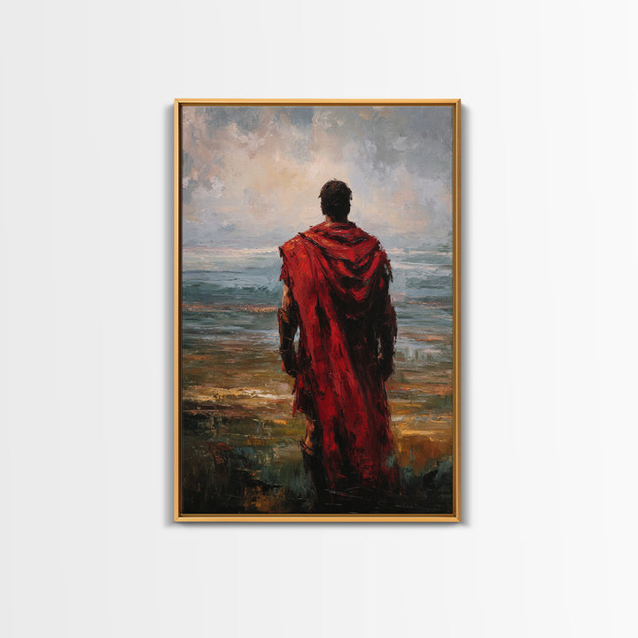 Red Cloaked Warrior Gazing At Sea Canvas Print, Moody Seascape Oil Painting, Roman Wall Art, Masculine Living Room Decor