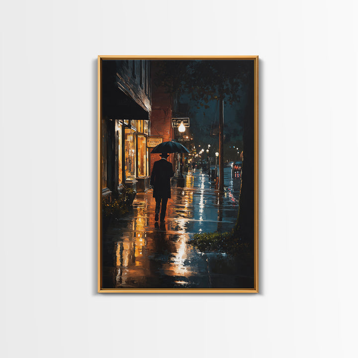 Rainy City Street With Umbrella At Night Wall Art, Moody Urban Landscape Print, Noir Office Decor, Modern Home Decor, Contemporary Art