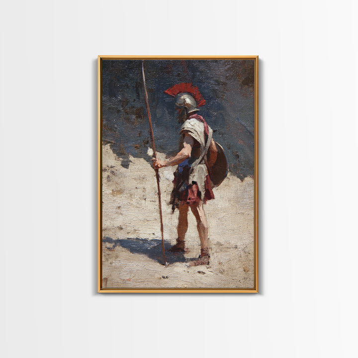 Solitary Roman Guard With Spear Wall Art, Ancient Soldier Canvas Print, Historical Warrior Decor, Masculine Office Art Gift