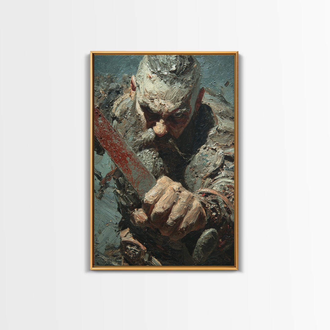 Viking Warrior Sword Framed Canvas Print, Impasto Battle Portrait, Medieval Norse Wall Decor For Masculine Office Gift Idea