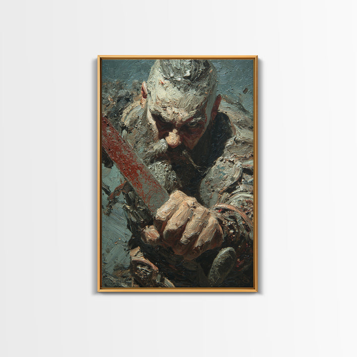 Viking Warrior Sword Framed Canvas Print, Impasto Battle Portrait, Medieval Norse Wall Decor For Masculine Office Gift Idea