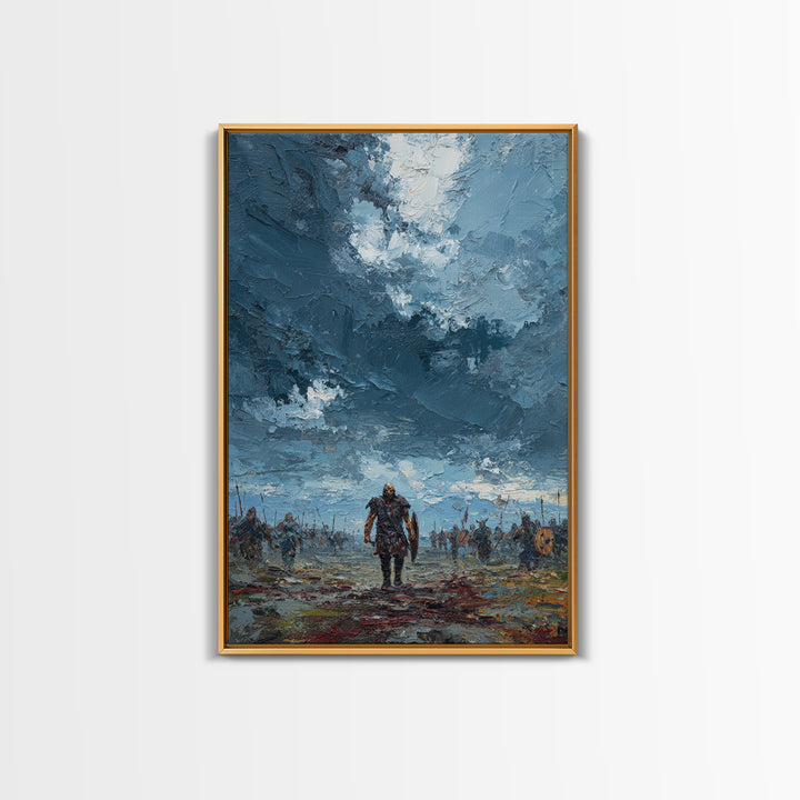 Warrior Walking Across Stormy Battlefield Wall Art, Textured Viking Canvas Print For Masculine Office Decor And Gift For Him