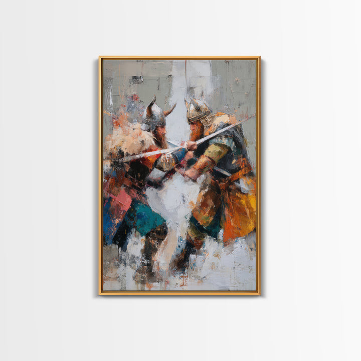 Viking Warriors Clashing Swords Canvas Print, Norse Battle Wall Art, Bold Historical Painting, Rustic Home Decor, Gift For Him