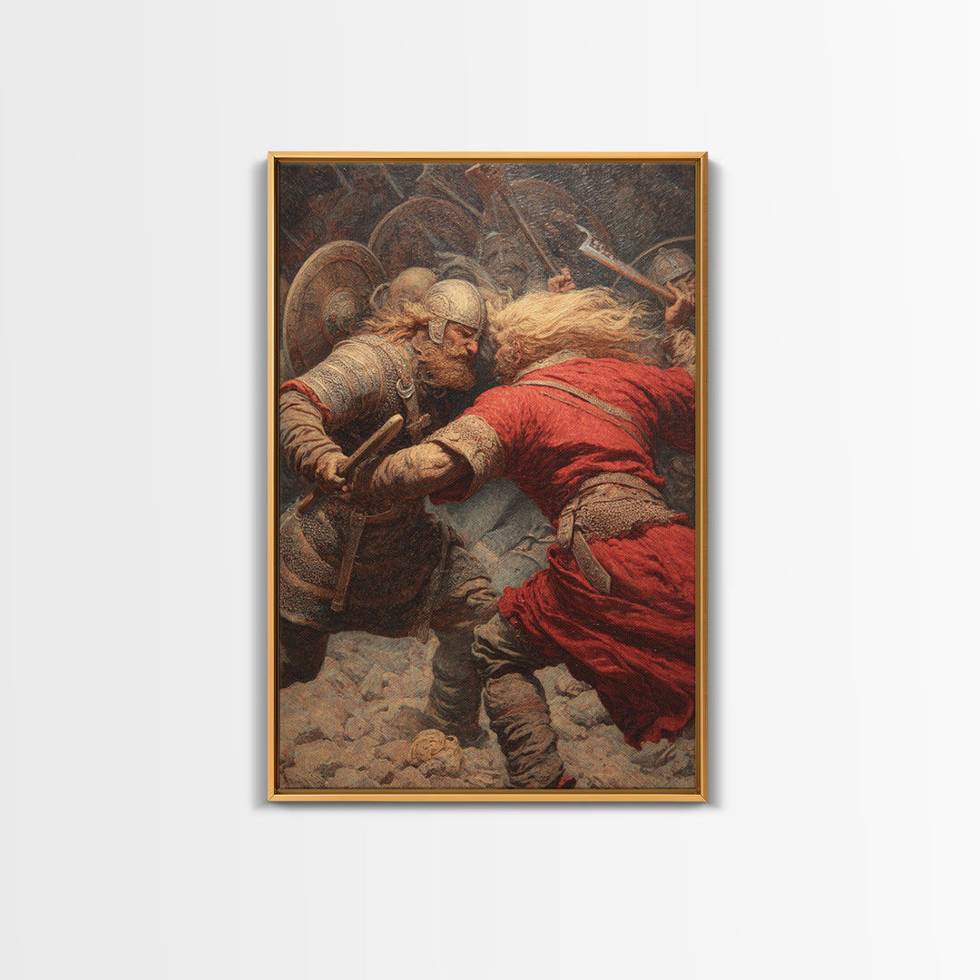 Viking Warriors Locked In Battle Wall Art, Norse Mythology Oil Painting, Historical Art Print, Rustic Man Cave Decor Gift