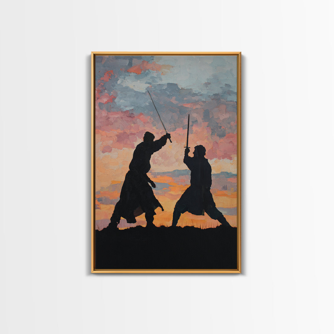 Samurai Sword Duel At Sunset Wall Art, Dramatic Warrior Canvas Print, Japanese Battle Decor, Martial Arts Gift For Him, Dojo Decor