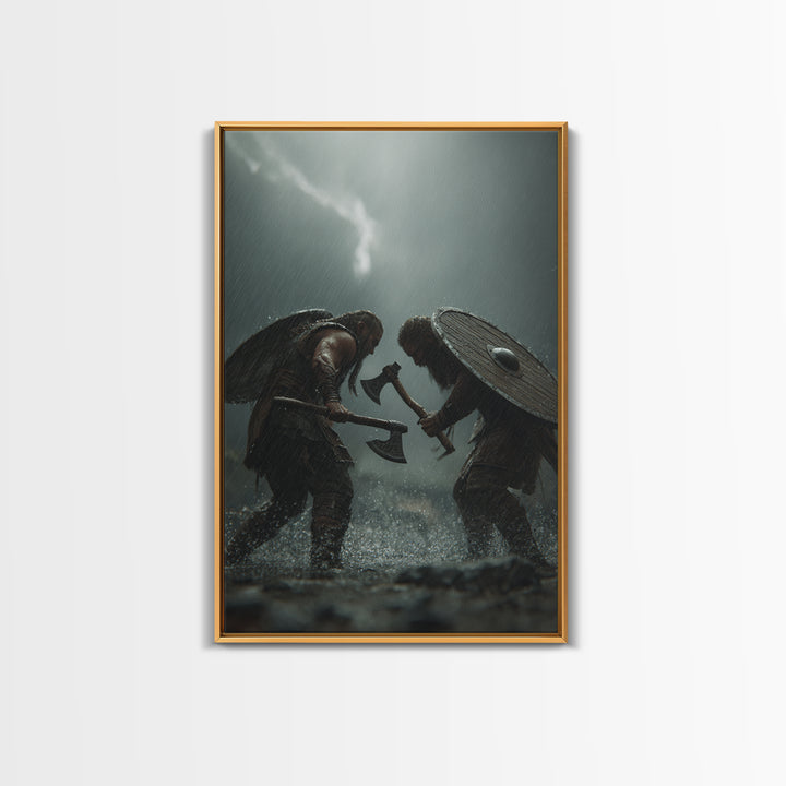 Viking Warriors Duel In Heavy Rain Wall Art, Nordic Battle Canvas Print, Dark Fantasy Decor, Masculine Office Art Gift For Him