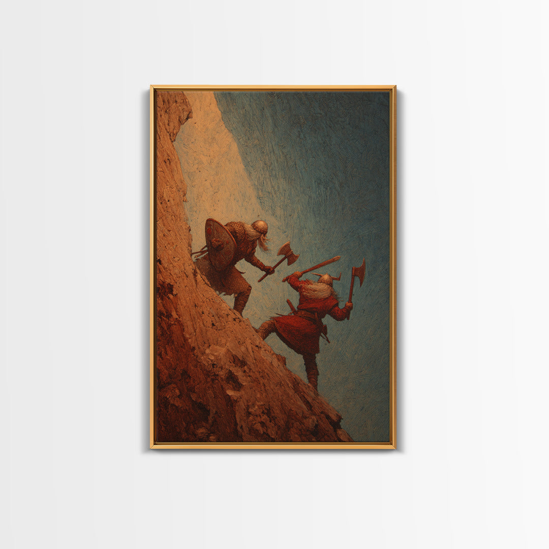 Viking Cliff Duel Wall Art, Norse Axes And Shields Fantasy Canvas Print, Warrior Battle Decor, Medieval Man Cave Wall Decor