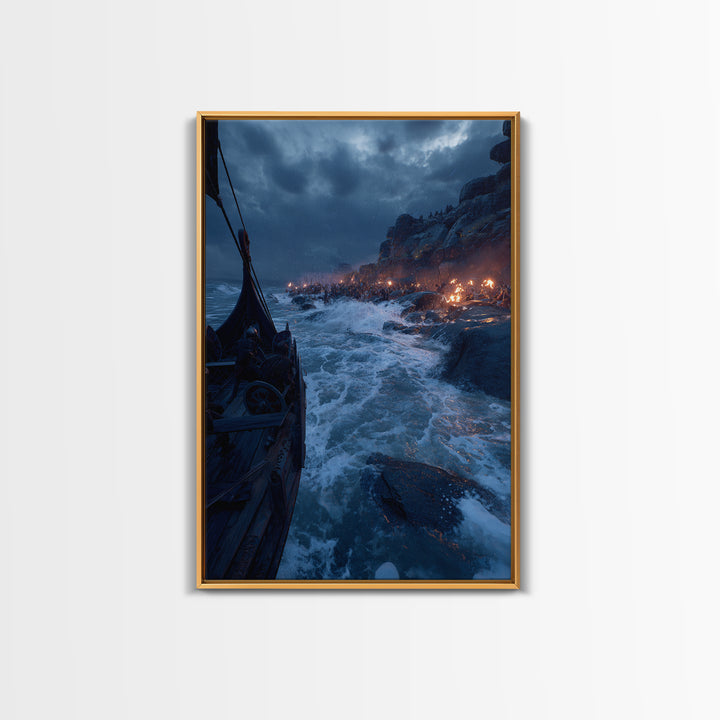Viking Longship Landing On Stormy Coast Canvas Print, Norse Seascape Wall Art, Maritime Decor, Dark Fantasy Gift For Him