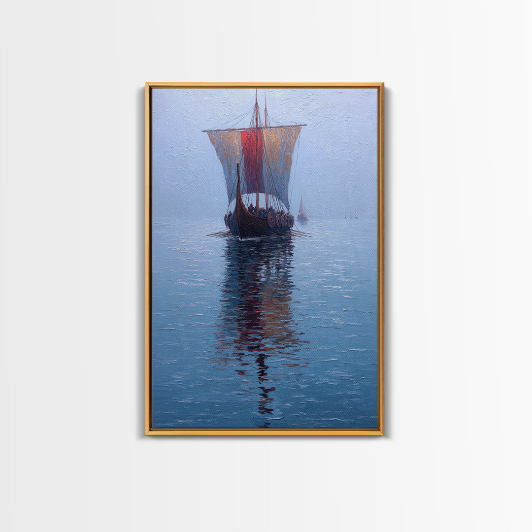Viking Longship Sailing On Blue Water Framed Canvas Print, Nautical Wall Art, Nordic Seascape Decor, Lake House Art Print