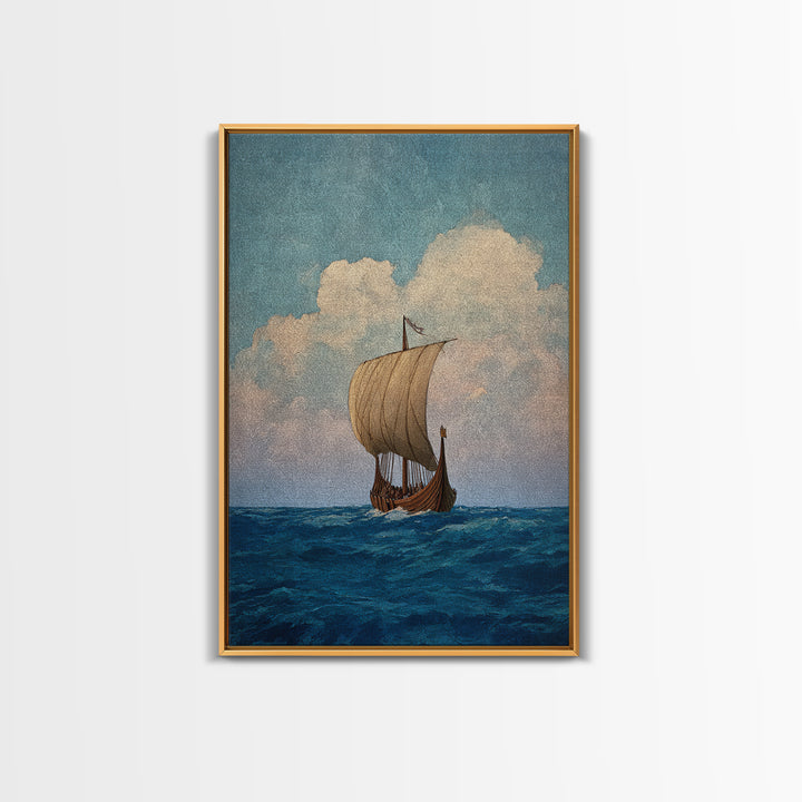 Viking Longship Sailing On Blue Sea Wall Art, Nautical Canvas Print, Scandinavian Coastal Decor, Historical Travel Poster