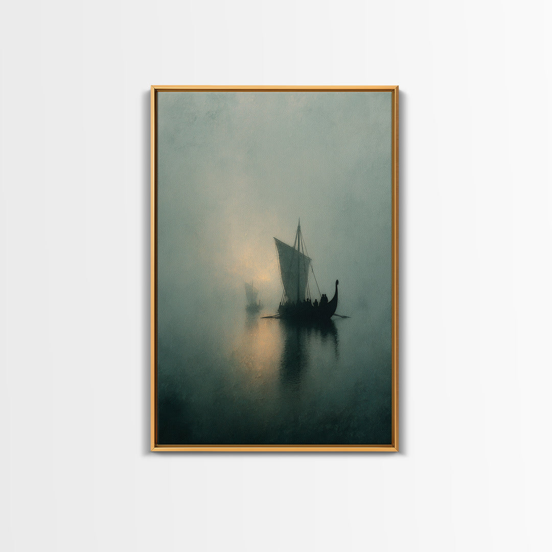 Misty Viking Sailboat On Foggy Water, Framed Canvas Print, Moody Seascape Wall Art, Nautical Decor, Nordic Coastal Art Print