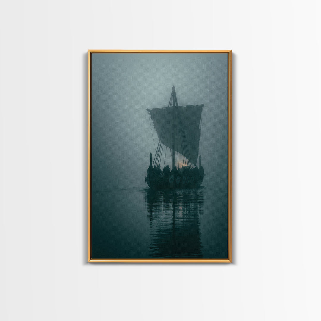 Misty Viking Longship On Dark Water Wall Art, Nordic Nautical Canvas Print, Moody Coastal Decor, Fantasy Seascape Living Room Art