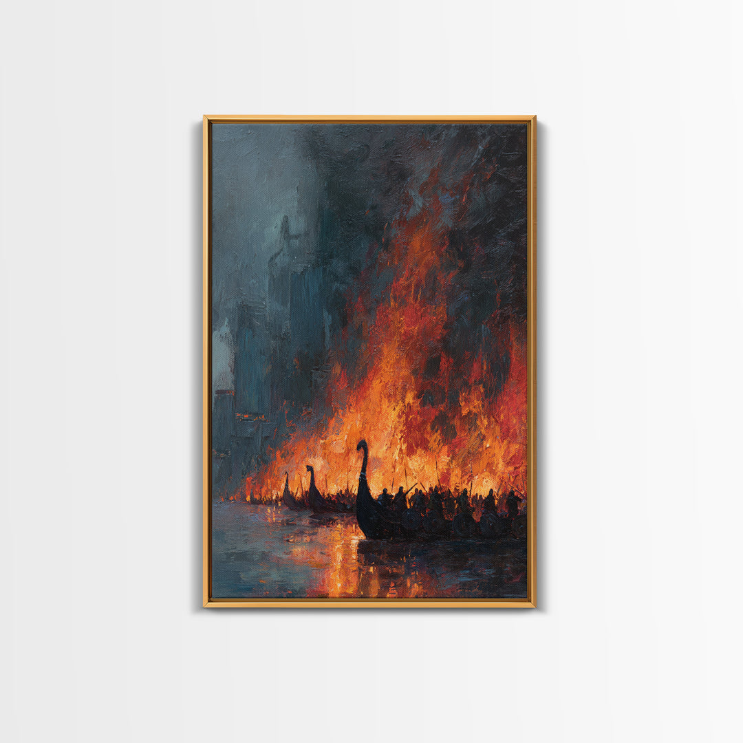 Burning Viking Ships On Dark Harbor Wall Art, Epic Historical Battle Canvas, Moody Seascape, Fantasy Living Room Decor, Home Decor