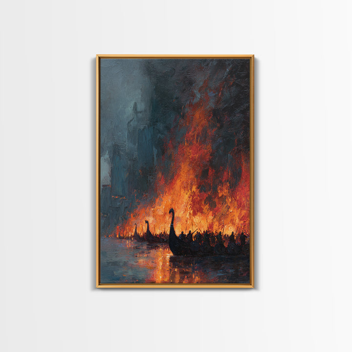 Burning Viking Ships On Dark Harbor Wall Art, Epic Historical Battle Canvas, Moody Seascape, Fantasy Living Room Decor, Home Decor