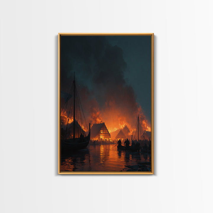 Burning Viking Harbor At Night Wall Art, Nordic Village Canvas Print, Dark Fantasy Decor, Moody Seascape Living Room Art