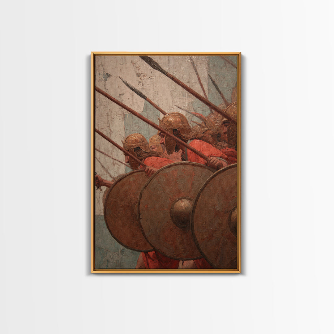 Ancient Shield Wall Canvas Print, Greek Phalanx Soldiers With Spears, Historical Battle Art For Masculine Office Decor Gift
