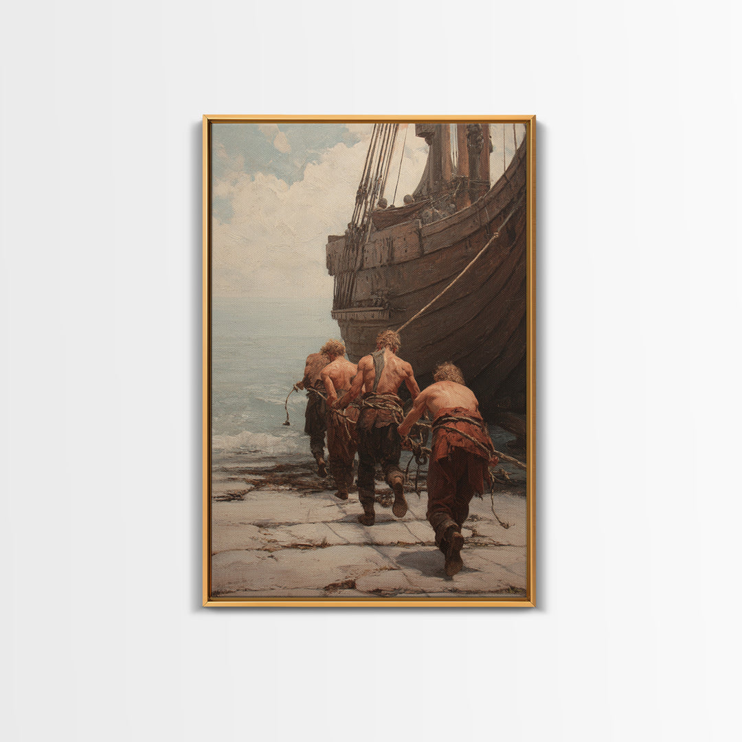 Ancient Ship Haulers Canvas Print, Roman Harbor Warrior Wall Art, Historical Oil Painting, Masculine Office Decor Gift For Him