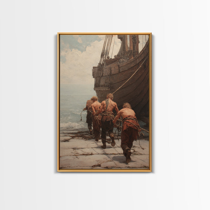 Ancient Ship Haulers Canvas Print, Roman Harbor Warrior Wall Art, Historical Oil Painting, Masculine Office Decor Gift For Him