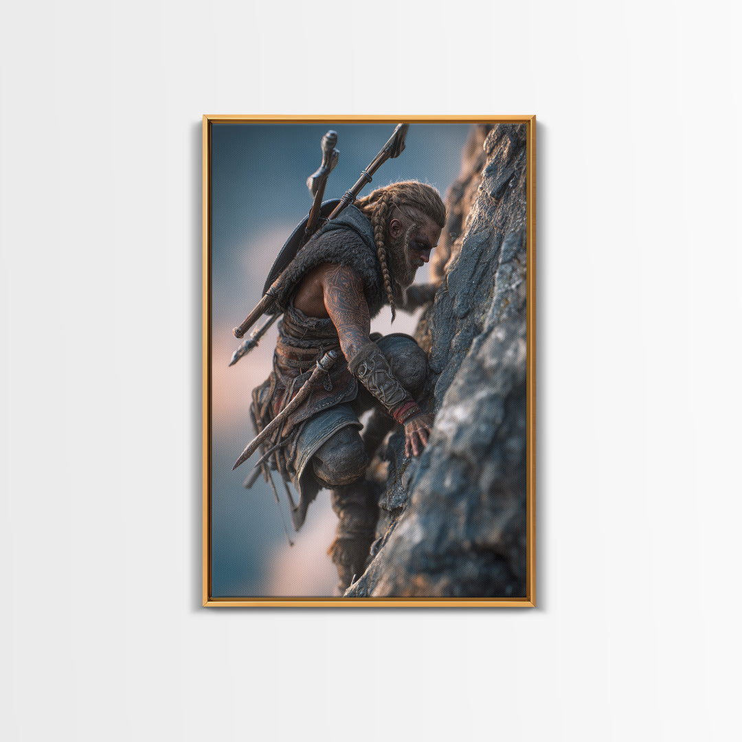 Viking Climbing Sheer Mountain Cliff Framed Canvas Print, Norse Warrior Wall Art, Fantasy Adventure Decor Print, Gift For Him