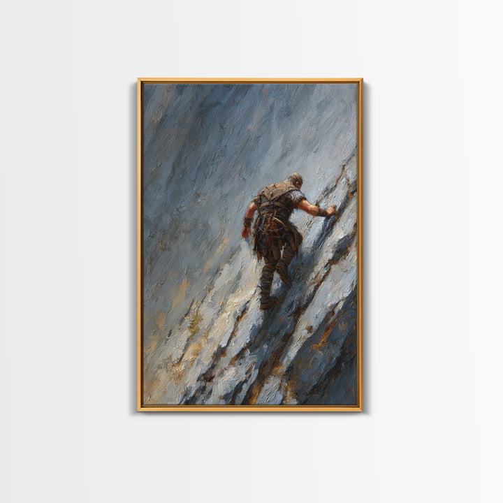 Viking Climber Scaling Icy Mountain Face Framed Canvas Print, Adventure Wall Art, Norse Landscape Office Decor, Gift For Him