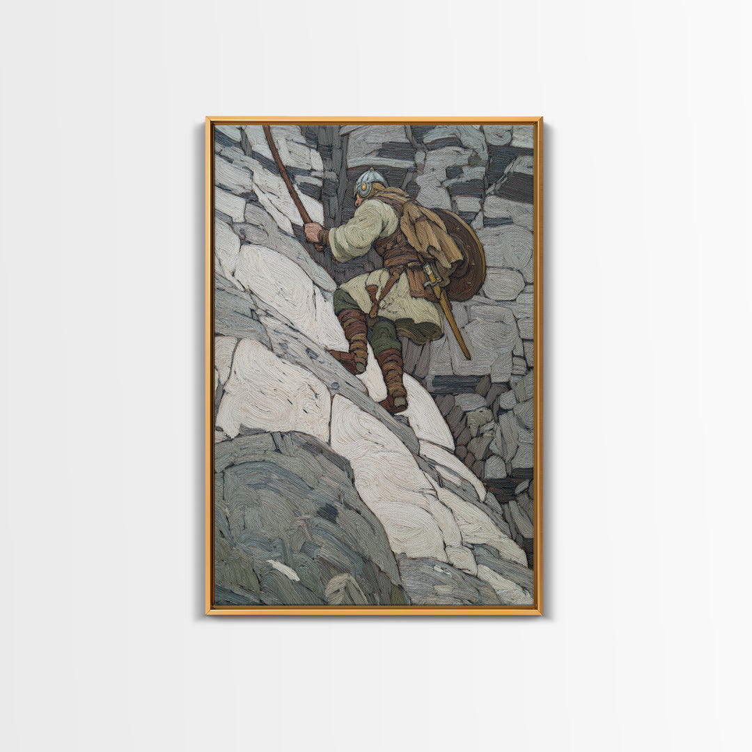 Viking Climber Scaling Snowy Cliffs Canvas Print, Norse Adventure Wall Art, Mountain Landscape Decor, Rustic Cabin Gift Print