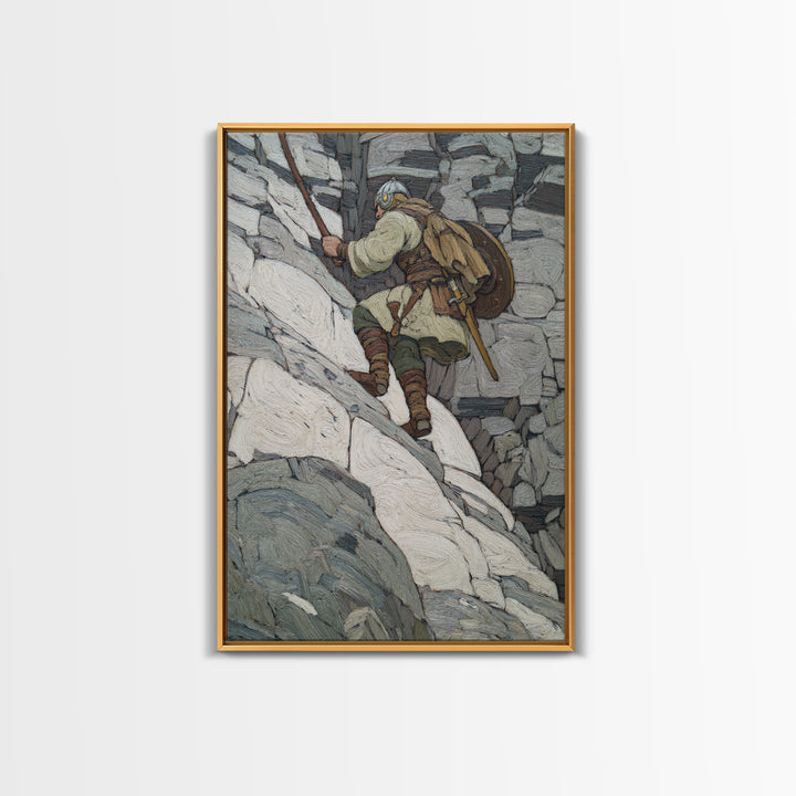 Viking Climber Scaling Snowy Cliffs Canvas Print, Norse Adventure Wall Art, Mountain Landscape Decor, Rustic Cabin Gift Print