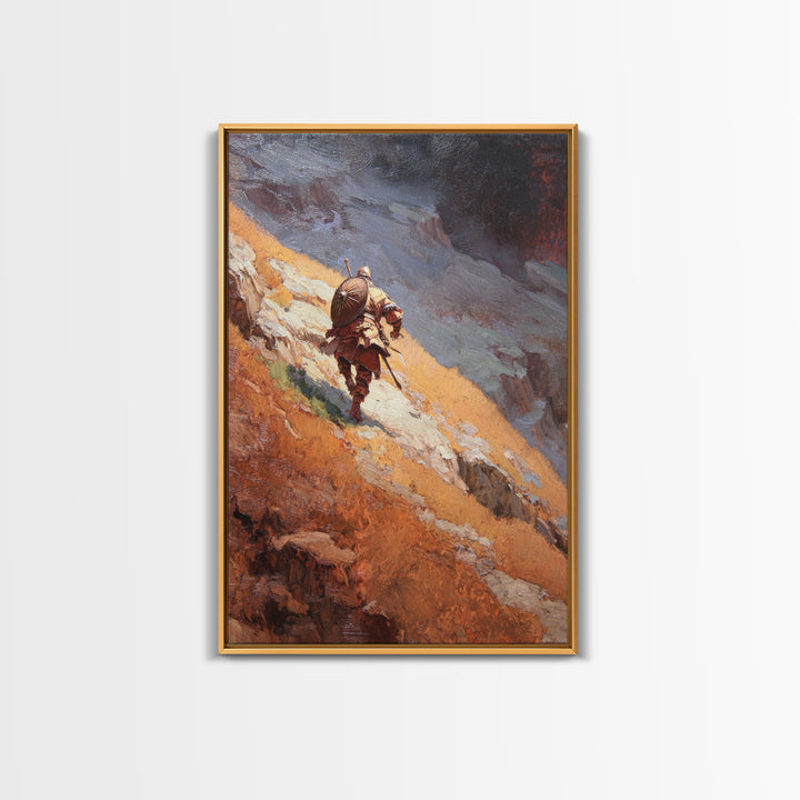 Armored Warrior Hiking Rugged Mountain Pass Canvas Print, Fantasy Landscape Art, Viking Wall Decor, Adventure Home Decor