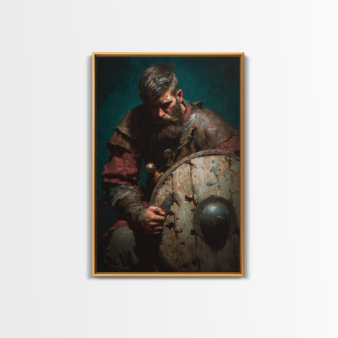 Bearded Viking With Weathered Shield, Canvas Print, Dark Academia Wall Decor, Medieval Portrait Art, Masculine Office Decor