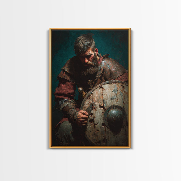 Bearded Viking With Weathered Shield, Canvas Print, Dark Academia Wall Decor, Medieval Portrait Art, Masculine Office Decor