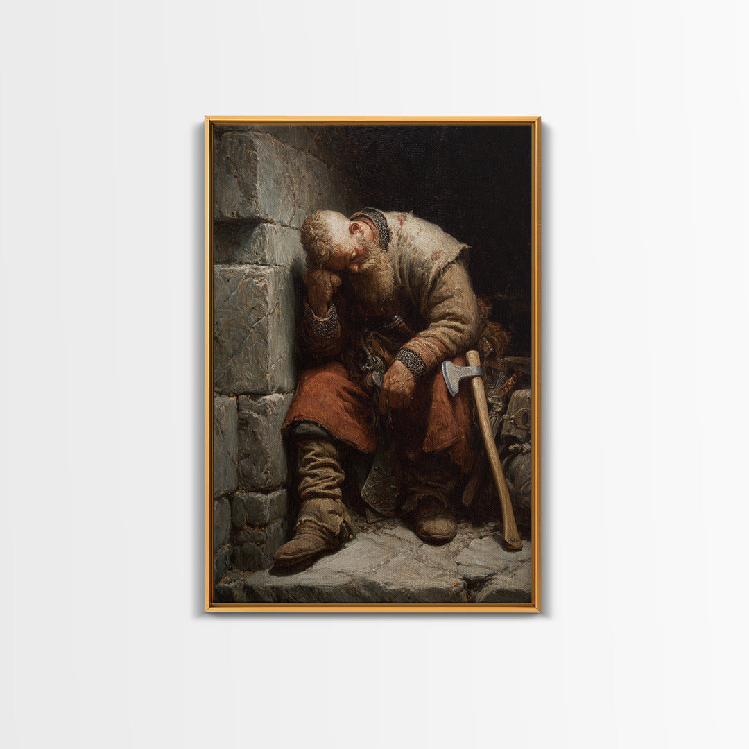 Exhausted Medieval Blacksmith Sleeping By Stone Wall, Canvas Print, Rustic Wall Art, Historical Portrait, Workshop Decor