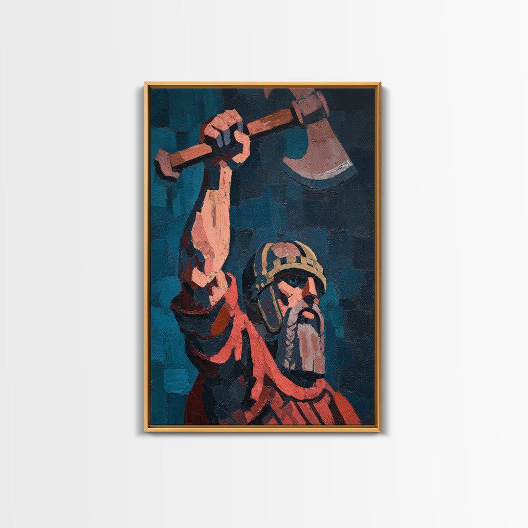 Rustic Viking Warrior Axe Holding Oil Painting Canvas Print For Masculine Wall Art And Western Home Decor