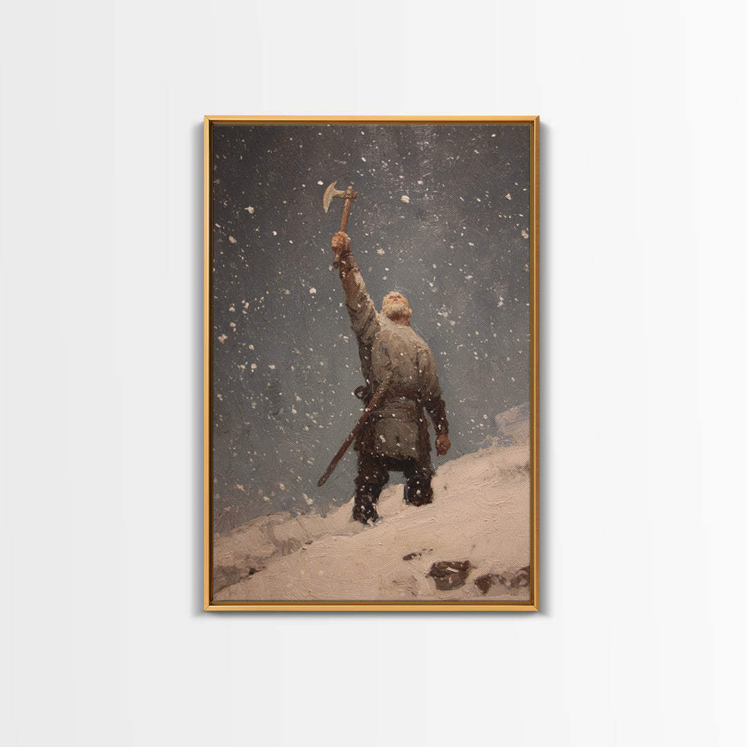 Snowy Viking Warrior Raising Axe, Medieval Fantasy Wall Art, Nordic Oil Painting Print, Rustic Cabin Decor, Gift For Him