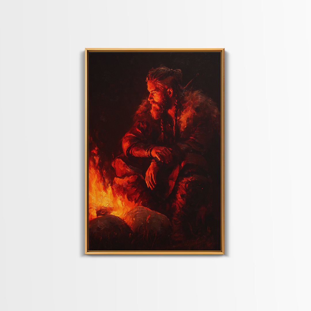 Viking Inspired Bearded Warrior Sitting By Campfire Dramatic Oil Painting Large Framed Canvas Print For Moody Wall Art Rustic Home Décor