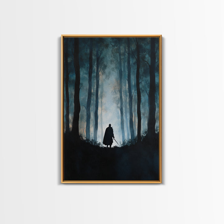 Lone Warrior In Misty Blue Forest Wall Art, Dark Fantasy Canvas Print, Moody Woodland Decor, Medieval Adventure Gift For Him