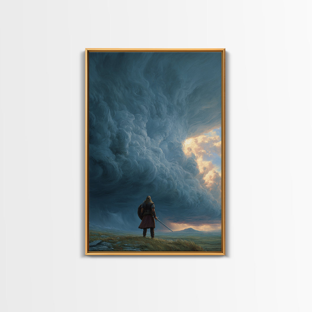 Lone Warrior Beneath Colossal Storm Clouds Wall Art, Fantasy Landscape Canvas, Dramatic Sky Decor, Large Statement Artwork