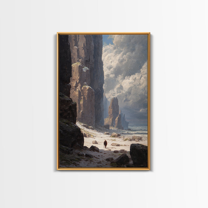 Towering Sea Cliffs And Lone Wanderer Canvas Print, Moody Coastal Landscape Art, Nautical Wall Decor, Living Room Art Print