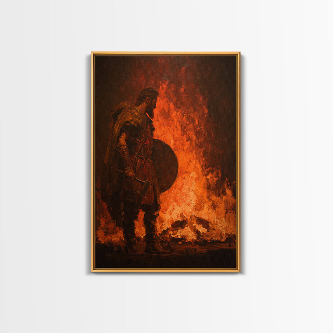 Viking Warrior Beside Blazing Fire Framed Canvas Print, Dark Fantasy Wall Art, Norse Masculine Home Decor, Gift For Him, Office Decor