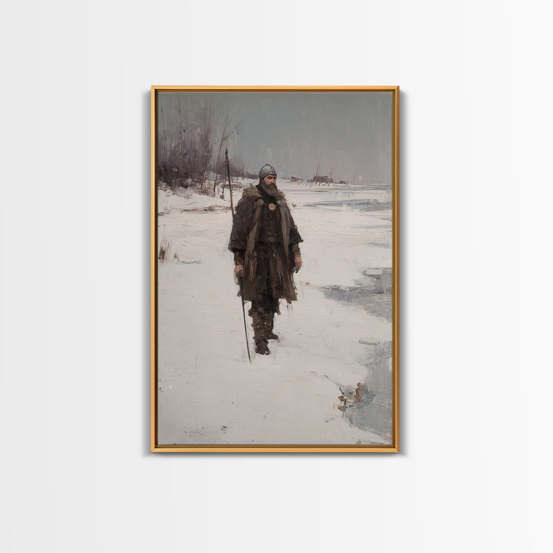 Viking Warrior In Snow Canvas Print, Medieval Winter Landscape Painting, Nordic Wall Art For Rustic Cabin Home Decor Gift